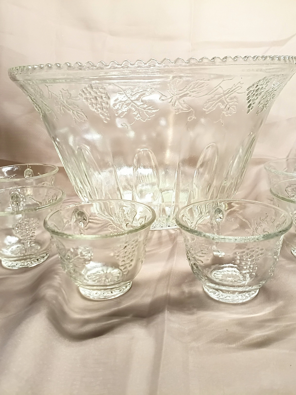 Princess House Clear Glass Grape Embossed Punch Bowl Set
